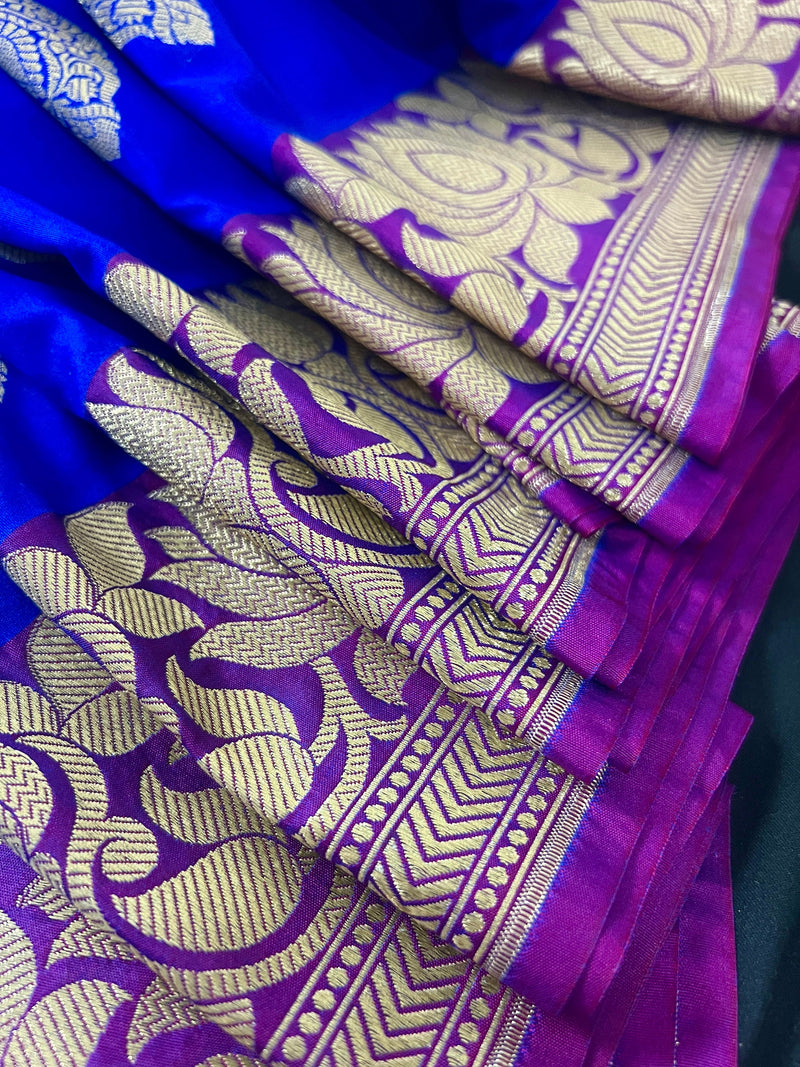 Royal Blue withPurple Border and Pink Pallu Traditional Banarasi Handloom Saree | Floral Design | Banarasi Silk Saree