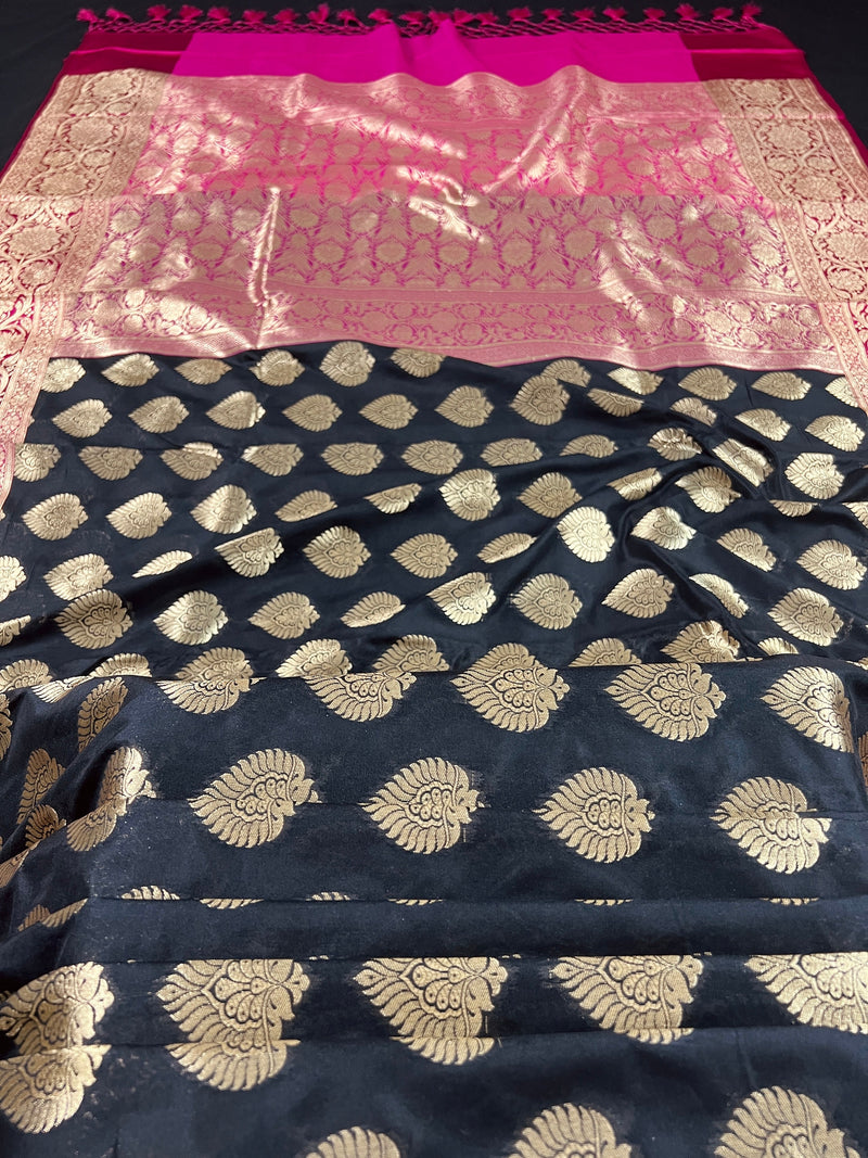 Black Saree with Pink borders and Pallu | Banarasi Soft Silk Saree with Floral Buttas | Soft Silk Handloom Saree | Satin Borders