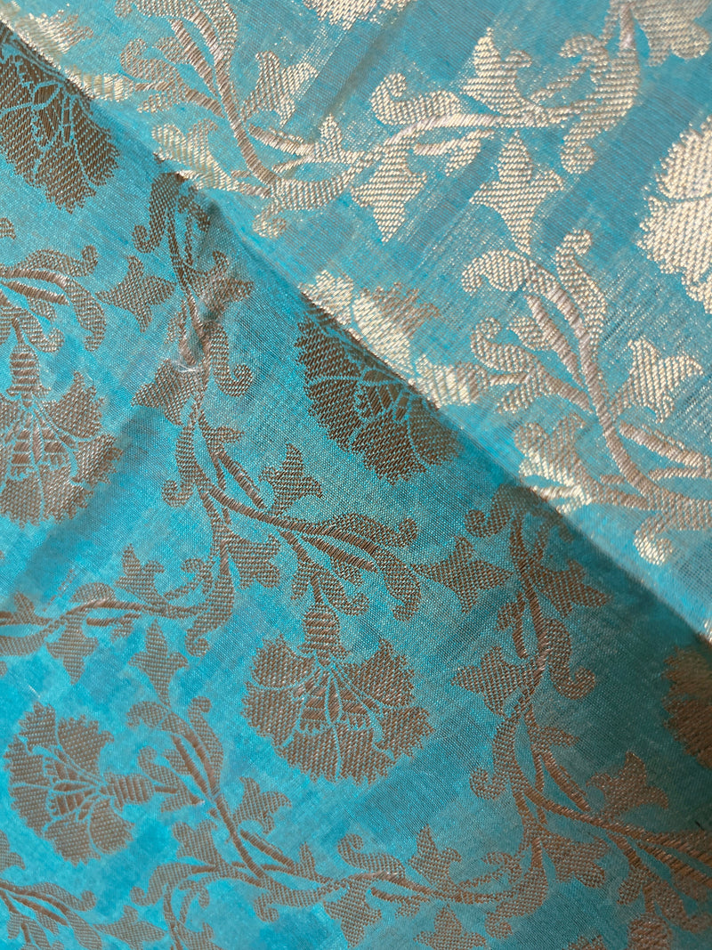 Pastel Sea Blue Benarasi Handwoven Semi Silk Dupatta with Muted Gold Zari Floral Jaal Weaving | Dupatta | Stole | Dupattas for Wedding