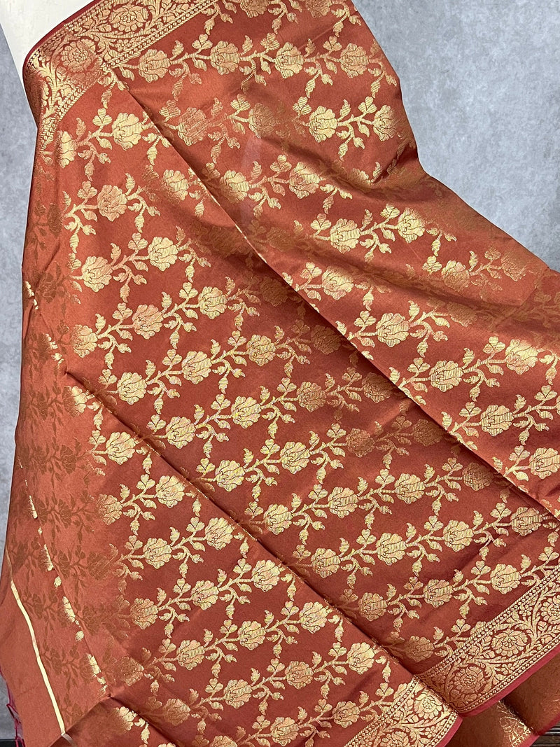 Brown Color Floral Jaal Muted Gold Zari Weaved Dupatta  | Floral Silk Dupatta | Zari Work | Dupatta | Stole | Scarf | Dupattas for Gift