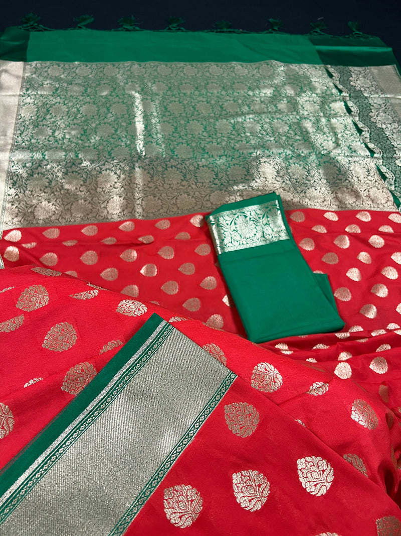 Red with Green Color combination Traditional Banarasi Handloom Saree in Banarasi Silk | Soft Silk Saree  | Satin Borders