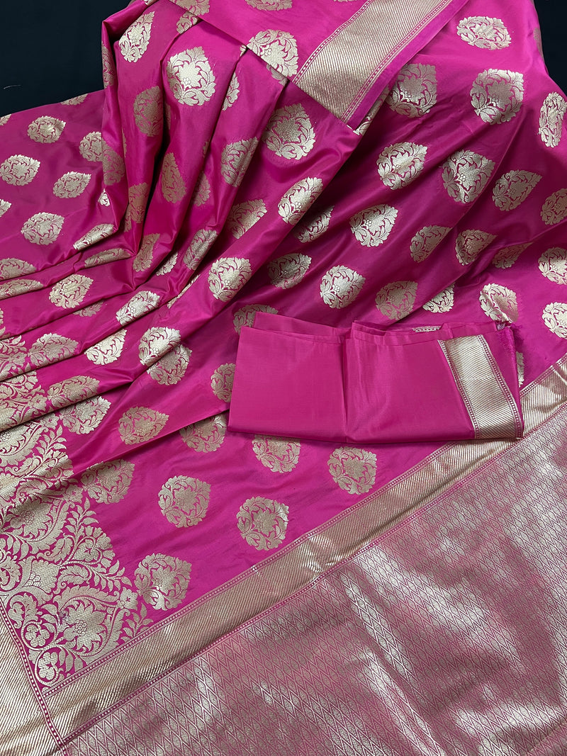 Mauve Pink Traditional Banarasi Handloom Saree in Banarasi Silk with Muted Gold Zari Weaving - Muted Gold Buttas - Grand Pallu