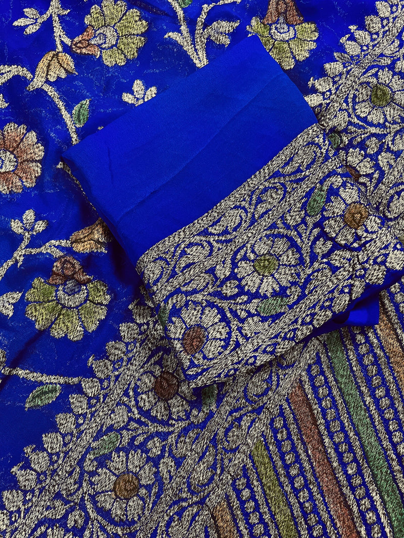 Royal Blue Color Pure Khaddi Georgette Banarasi Silk Saree with Antique Zari Weave | Royal Blue Color Saree | SILK MARK CERTIFIED