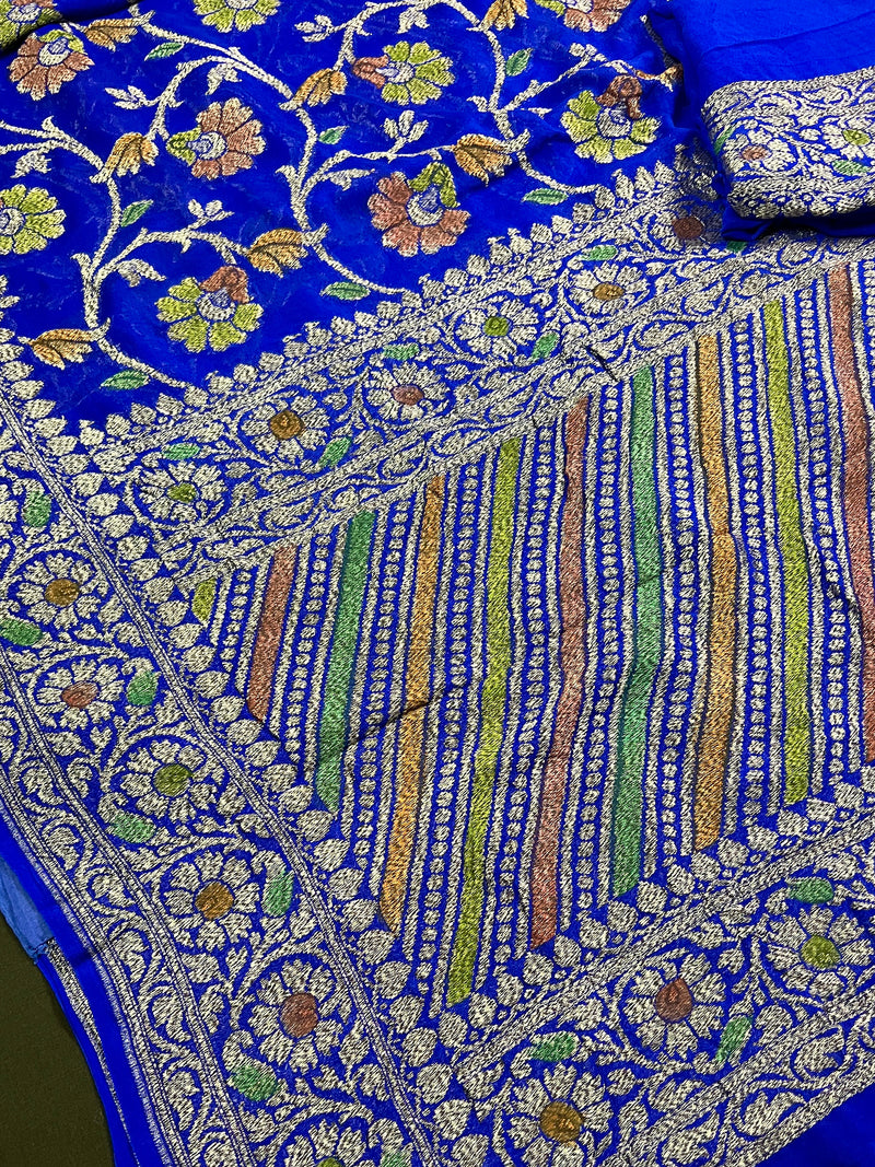 Royal Blue Color Pure Khaddi Georgette Banarasi Silk Saree with Antique Zari Weave | Royal Blue Color Saree | SILK MARK CERTIFIED