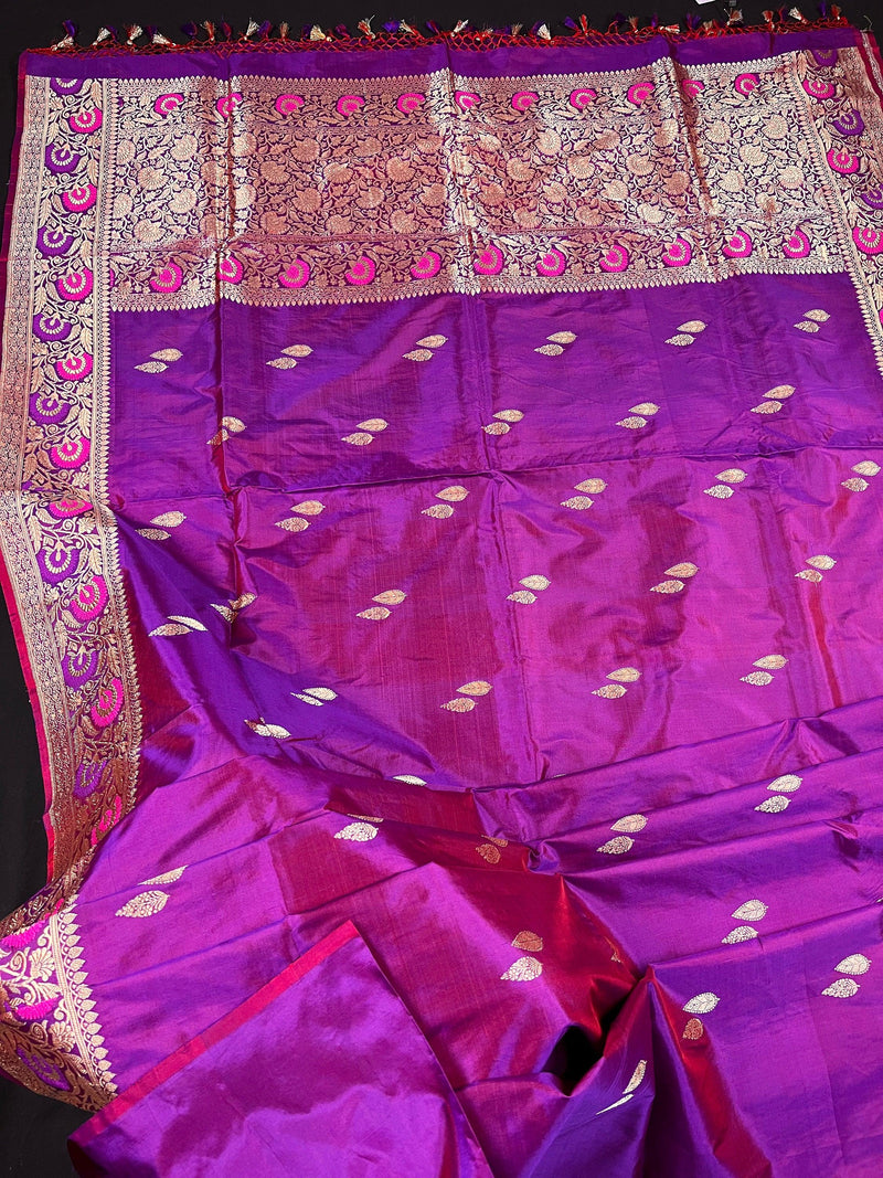 Handwoven Purple Color Pure Katan Silk Saree with Gold Zari Weave with Paithani broders and Pallu | Pure Silk Sarees | | SILK MARK CERTIFIED - Kaash