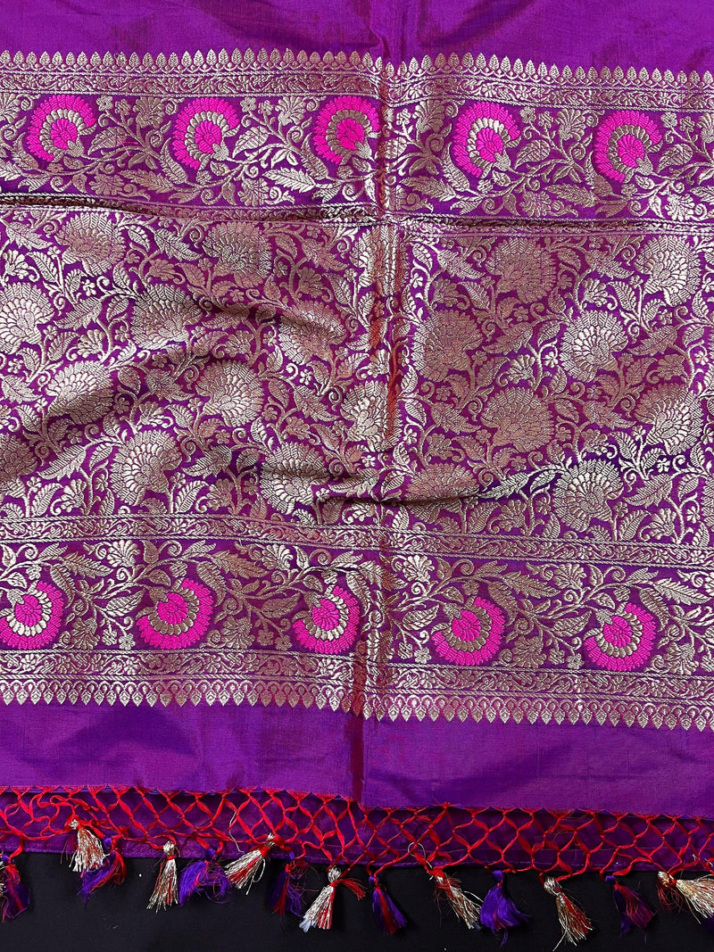 Handwoven Purple Color Pure Katan Silk Saree with Gold Zari Weave with Paithani broders and Pallu | Pure Silk Sarees | | SILK MARK CERTIFIED - Kaash