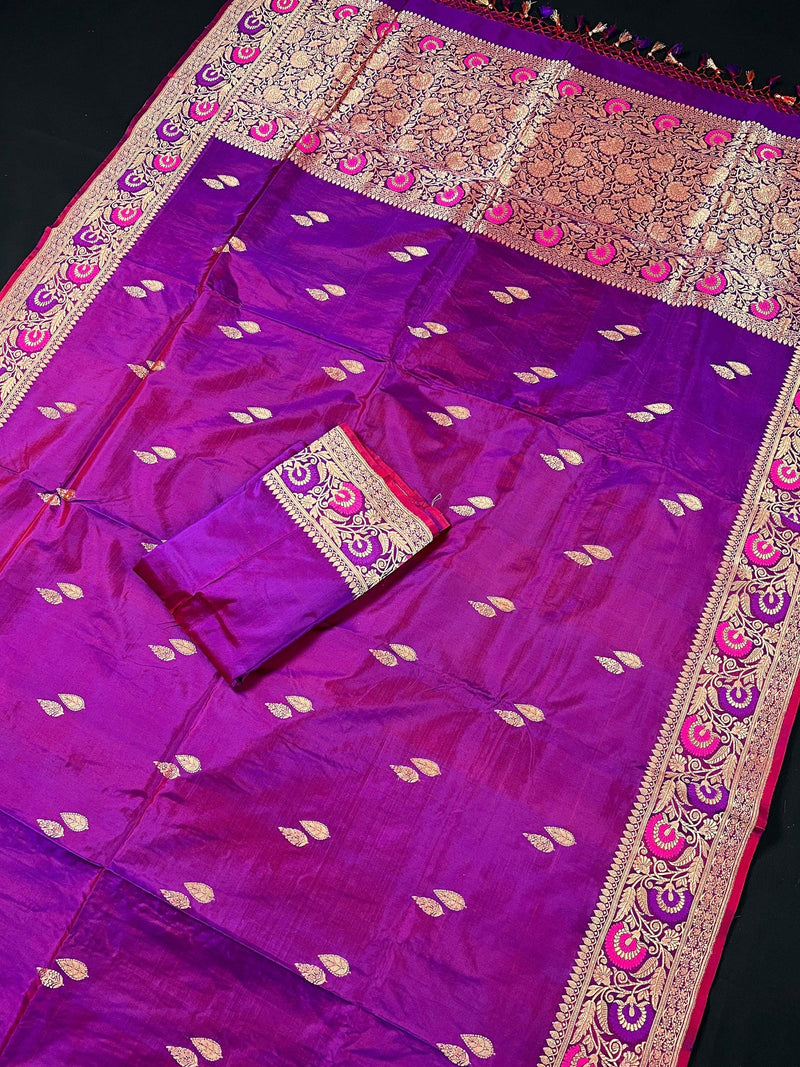 Handwoven Purple Color Pure Katan Silk Saree with Gold Zari Weave with Paithani broders and Pallu | Pure Silk Sarees | | SILK MARK CERTIFIED - Kaash