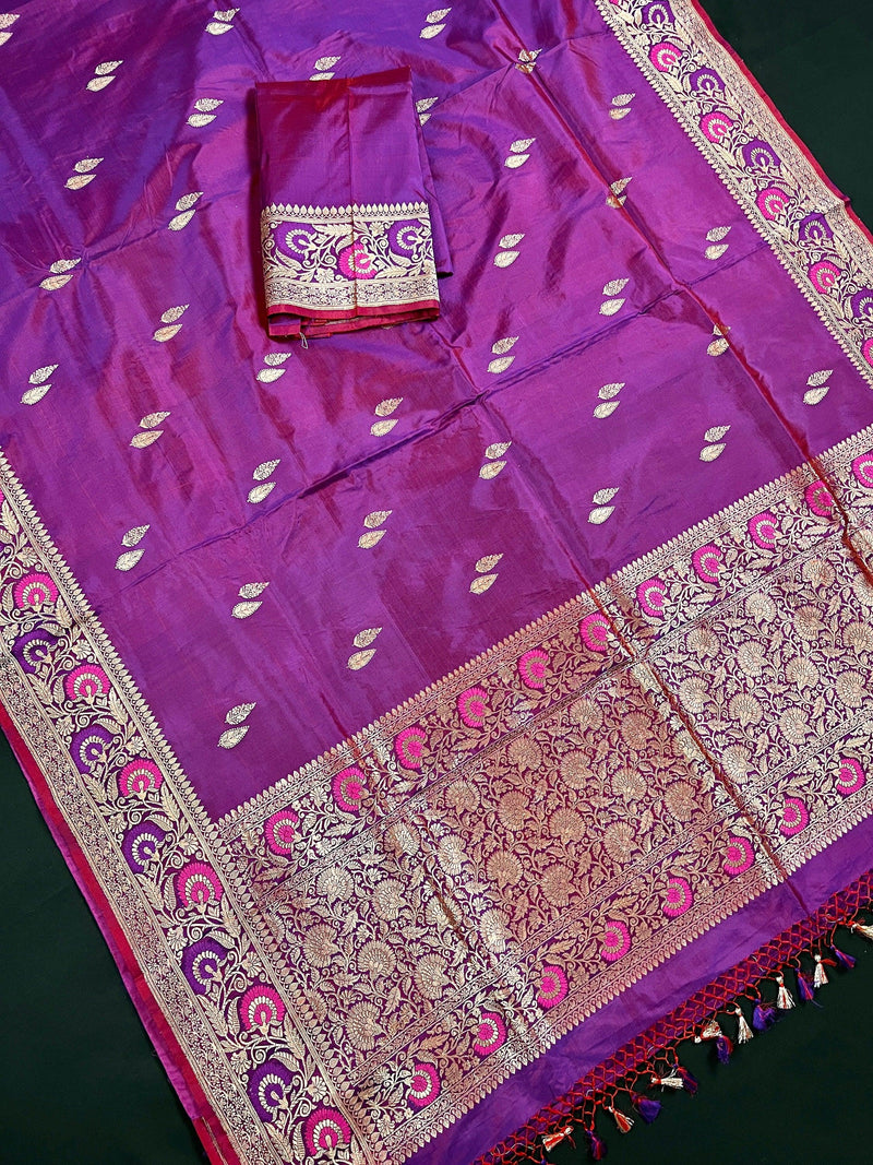 Handwoven Purple Color Pure Katan Silk Saree with Gold Zari Weave with Paithani broders and Pallu | Pure Silk Sarees | | SILK MARK CERTIFIED - Kaash