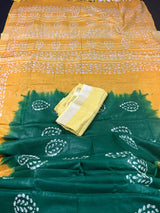 Pure Linen By linen in Green and Mustard Yellow Color | Hand Block Prints |  Linen Sarees