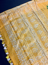 Pure Linen By linen in Green and Mustard Yellow Color | Hand Block Prints |  Linen Sarees