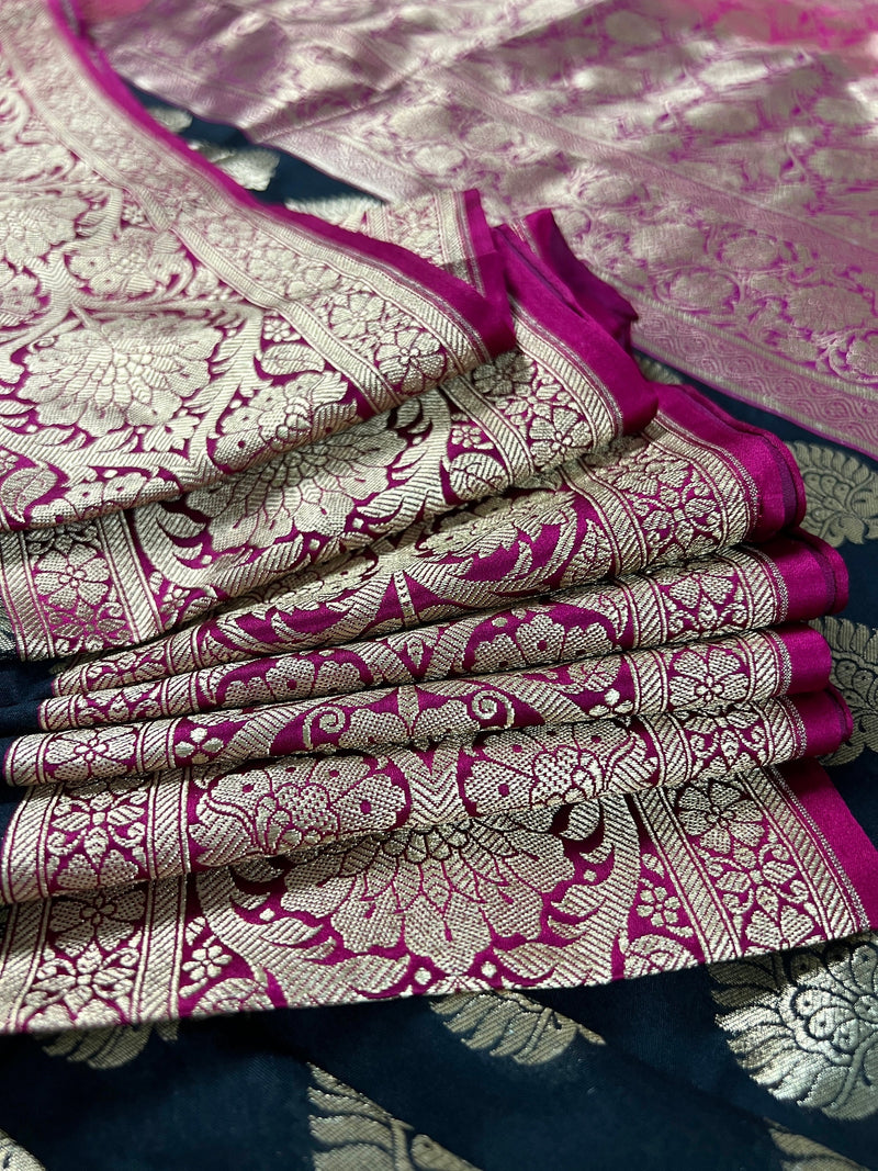 Black Saree with Pink borders and Pallu | Banarasi Soft Silk Saree with Floral Buttas | Soft Silk Handloom Saree | Satin Borders