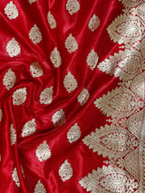 Bright Red Semi Mashru Silk in Gold Zari with Floral buttis Design with Banarasi Weave Work