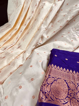 Cream White and Purple Eggplant Pure Katan Silk Saree with Gold Zari Weave | Pure Silk Sarees | | SILK MARK CERTIFIED Sarees