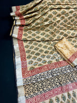 Statement Beige Color Authentic Bangru Hand Block Floral Print Linen Saree | 90 Count Linen Saree with Zari Work | Line Saree | Gift For Her