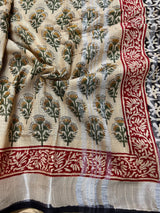 Statement Beige Color Authentic Bangru Hand Block Floral Print Linen Saree | 90 Count Linen Saree with Zari Work | Line Saree | Gift For Her