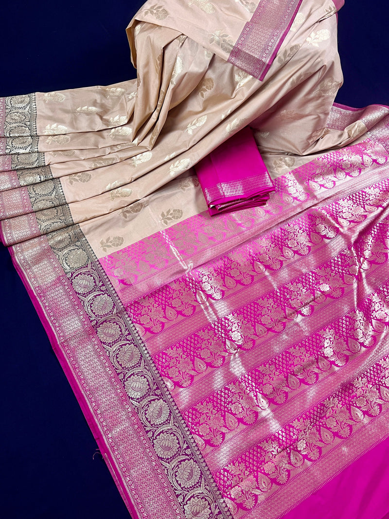 Light Brown/ Cafe Latte Color with Pink combination Traditional Semi Silk Banarasi Saree with floral design | Silk Saree | Kaash Collection