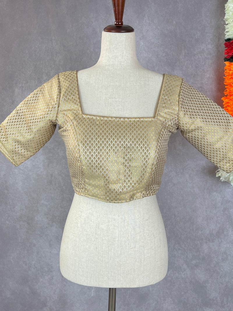 Kiara Advani-Inspired Cream Gold Banarasi ready-to-wear blouse with cream gold with gold buttis — Kaash Collection