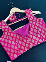 Kiara Advani Inspired Hot Pink Color Stitched Sleeveless Blouse with Gold Buttis Pure Banarasi - Kaash