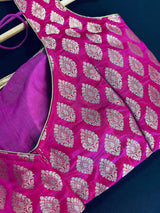 Kiara Advani Inspired Hot Pink Color Stitched Sleeveless Blouse with Gold Buttis Pure Banarasi - Kaash