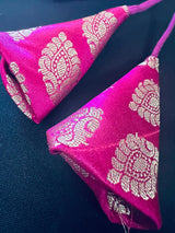 Kiara Advani Inspired Hot Pink Color Stitched Sleeveless Blouse with Gold Buttis Pure Banarasi - Kaash