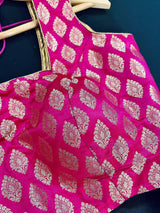 Kiara Advani Inspired Hot Pink Color Stitched Sleeveless Blouse with Gold Buttis Pure Banarasi - Kaash