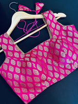 Kiara Advani Inspired Hot Pink Color Stitched Sleeveless Blouse with Gold Buttis Pure Banarasi - Kaash