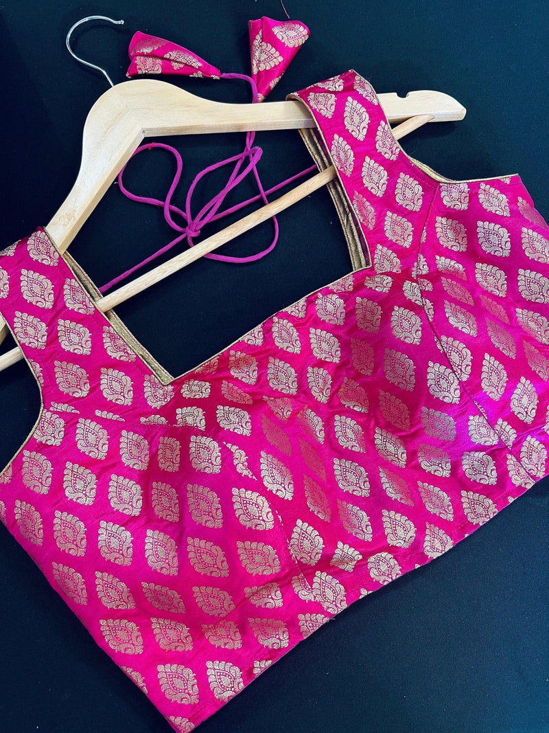 Kiara Advani Inspired Hot Pink Color Stitched Sleeveless Blouse with Gold Buttis Pure Banarasi - Kaash
