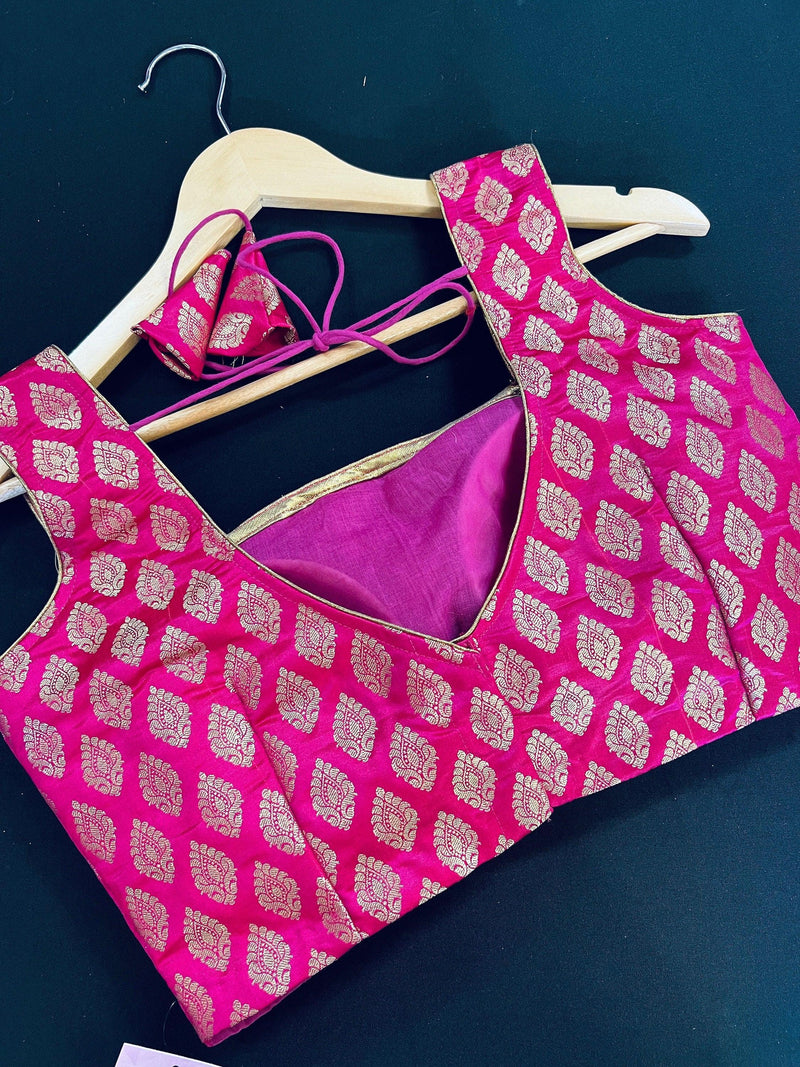Kiara Advani Inspired Hot Pink Color Stitched Sleeveless Blouse with Gold Buttis Pure Banarasi | Size 36 Pink Readymade Color Blouse - Kaash