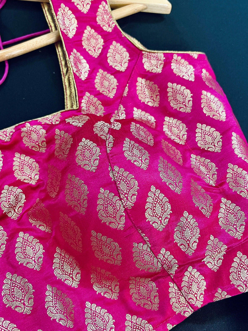 Kiara Advani Inspired Hot Pink Color Stitched Sleeveless Blouse with Gold Buttis Pure Banarasi | Size 36 Pink Readymade Color Blouse - Kaash