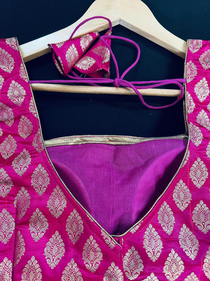Kiara Advani Inspired Hot Pink Color Stitched Sleeveless Blouse with Gold Buttis Pure Banarasi | Size 36 Pink Readymade Color Blouse - Kaash