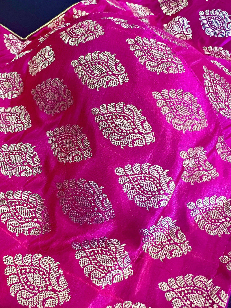 Kiara Advani Inspired Hot Pink Color Stitched Sleeveless Blouse with Gold Buttis Pure Banarasi | Size 36 Pink Readymade Color Blouse - Kaash