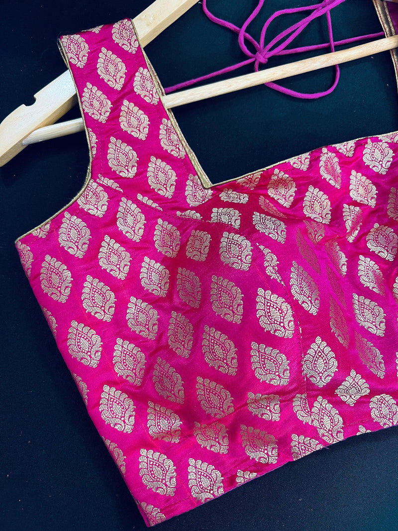 Kiara Advani Inspired Hot Pink Color Stitched Sleeveless Blouse with Gold Buttis Pure Banarasi | Size 36 Pink Readymade Color Blouse - Kaash