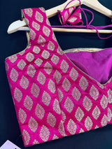 Kiara Advani Inspired Hot Pink Color Stitched Sleeveless Blouse with Gold Buttis Pure Banarasi | Size 36 Pink Readymade Color Blouse - Kaash