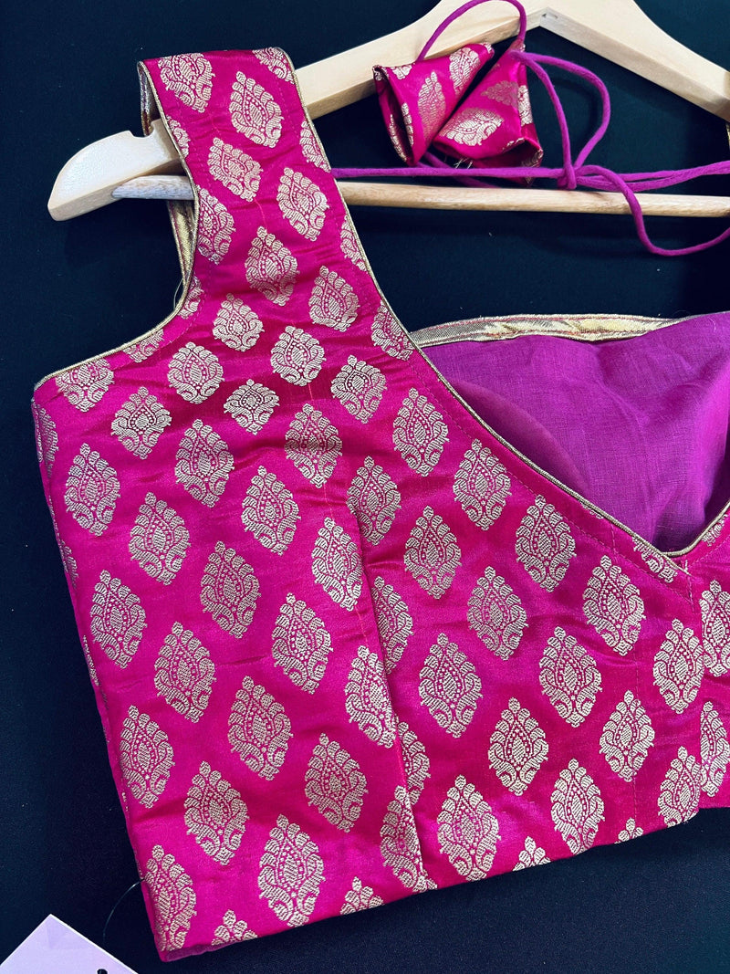 Kiara Advani Inspired Hot Pink Color Stitched Sleeveless Blouse with Gold Buttis Pure Banarasi | Size 36 Pink Readymade Color Blouse - Kaash