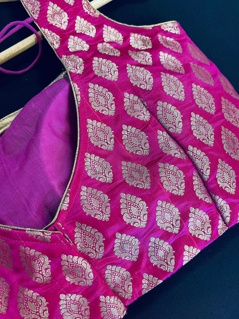 Kiara Advani Inspired Hot Pink Color Stitched Sleeveless Blouse with Gold Buttis Pure Banarasi | Size 36 Pink Readymade Color Blouse - Kaash