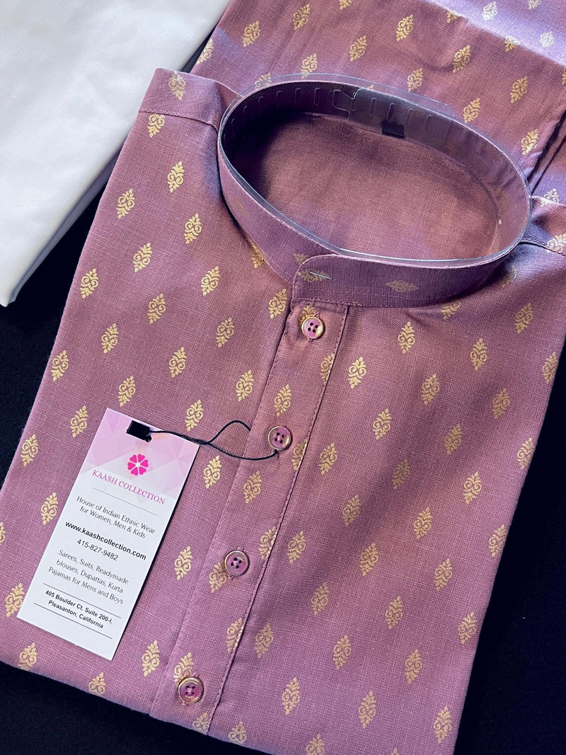 Lavender / Lilac men's kurta pajama in pure cotton with small gold buttis on cotton — Kaash Collection