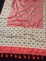 Light Carrot Banarasi Dupion Bandhej saree in banarasi semi dupion silk with bandhej tie-dye with meenakari & 8" wide borders — Kaash Collection