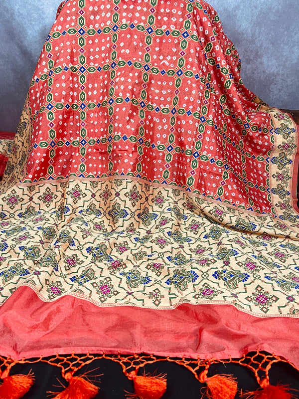 Light Carrot Color Banarasi Dupion Silk Bandhej Bandhani Saree | Minakari and Muted Gold Zari Weave | Authentic Bandhej Saree | Sari Store - Kaash