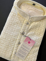 Light Cream Chikankari Lucknowi Georgette Men Kurta Pajama Set with Lining | Chikhankari Kurtas | Mens Ethnic Wear | Kaash Kurta Sets - Kaash