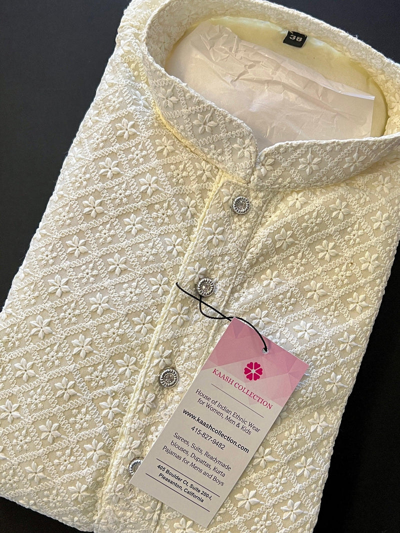 Light Cream Chikankari Lucknowi Georgette Men Kurta Pajama Set with Lining | Chikhankari Kurtas | Mens Ethnic Wear | Kaash Kurta Sets - Kaash
