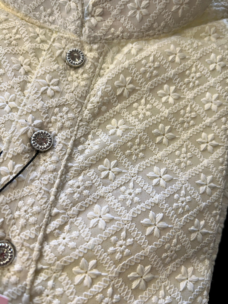 Light Cream Chikankari Lucknowi Georgette Men Kurta Pajama Set with Lining | Chikhankari Kurtas | Mens Ethnic Wear | Kaash Kurta Sets - Kaash