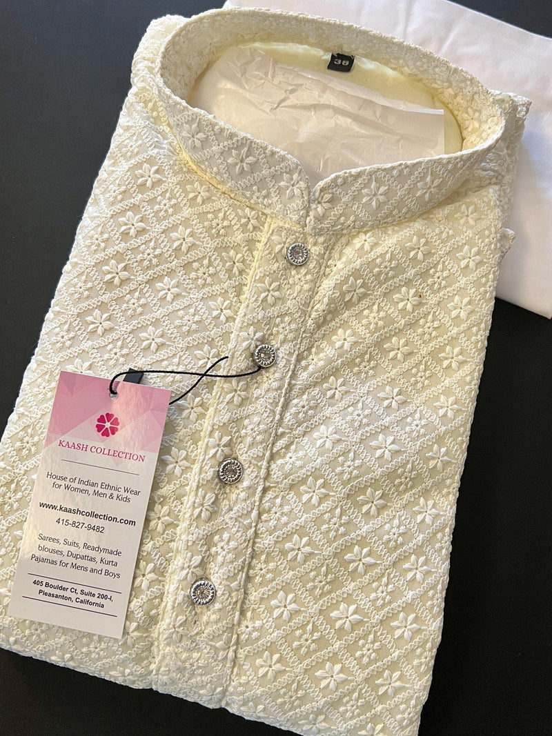 Light Cream Chikankari Lucknowi Georgette Men Kurta Pajama Set with Lining | Chikhankari Kurtas | Mens Ethnic Wear | Kaash Kurta Sets - Kaash