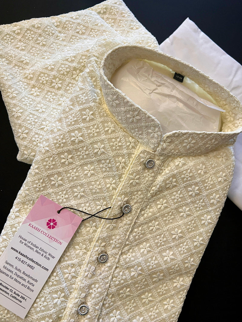 Light Cream Chikankari Lucknowi Georgette Men Kurta Pajama Set with Lining | Chikhankari Kurtas | Mens Ethnic Wear | Kaash Kurta Sets - Kaash