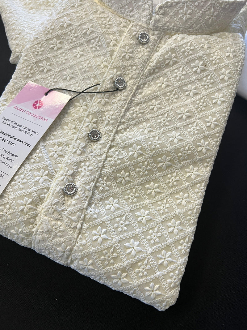 Light Cream Chikankari Lucknowi Georgette Men Kurta Pajama Set with Lining | Chikhankari Kurtas | Mens Ethnic Wear | Kaash Kurta Sets - Kaash