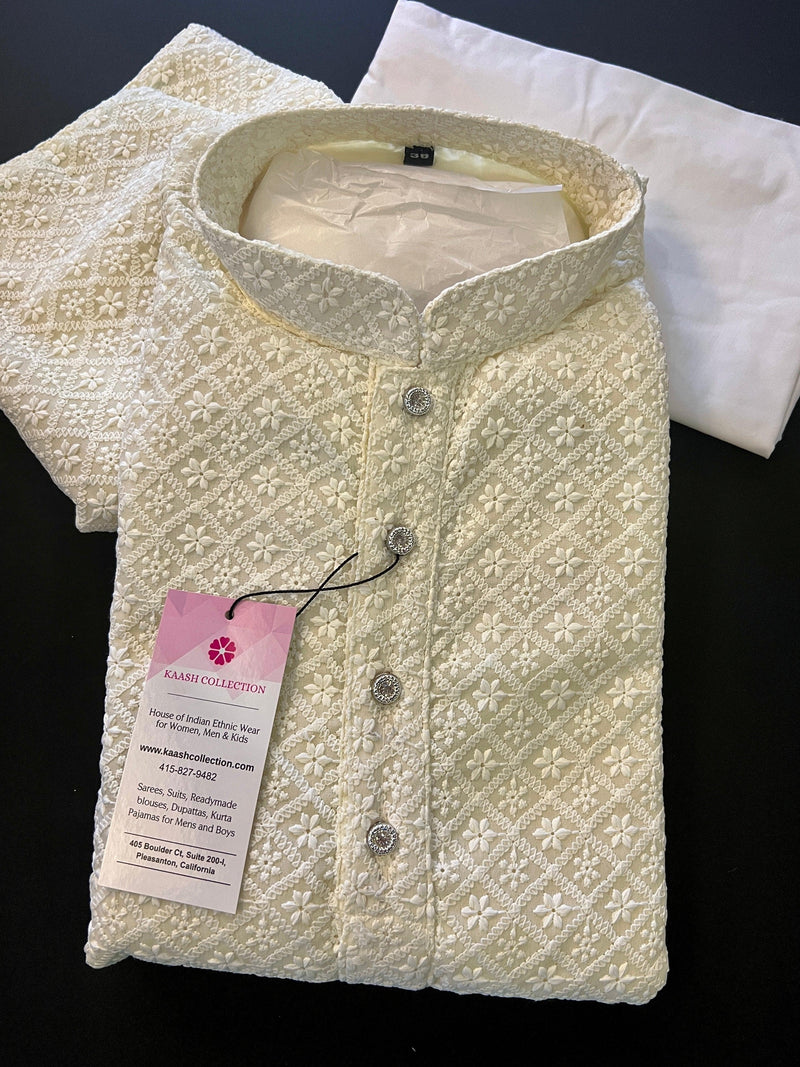 Light Cream Chikankari Lucknowi Georgette Men Kurta Pajama Set with Lining | Chikhankari Kurtas | Mens Ethnic Wear | Kaash Kurta Sets - Kaash