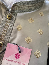 Light Grey men's kurta pajama in soft silk with buttas with small gold zari embossed — Kaash Collection