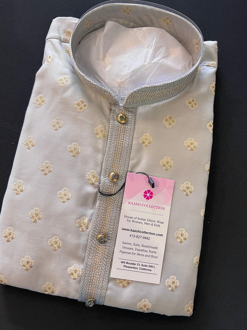 Light Grey men's kurta pajama in soft silk with buttas with small gold zari embossed — Kaash Collection