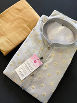 Light Grey men's kurta pajama in soft silk with buttas with small gold zari embossed — Kaash Collection