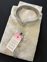 Light Grey men's kurta pajama in soft silk with buttas with small gold zari embossed — Kaash Collection