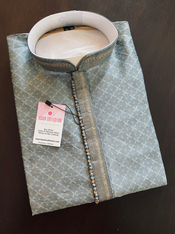 Light Grey Soft Silk Men Kurta Pajama with Self Design material with small Zari Weave butti - Kaash